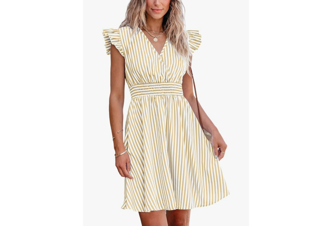 CUPSHE Women's Mini Dress V Neck Flutter Sleeve Striped Smocked Waist A Line Short Summer Cocktail Dress