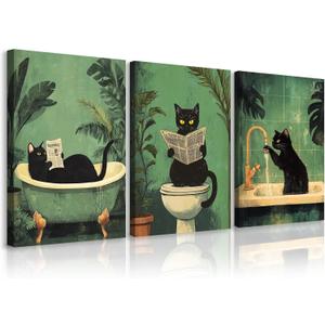 Cat Bathroom Wall Art Funny Canvas Wall Decor Black Cat Pictures Cute Prints Whimsical Bathroom Poster Quirky Animal Art Green Vintage Painting Artwork Cute Posters Toilet 12x16x3 Inch Ready to Hang