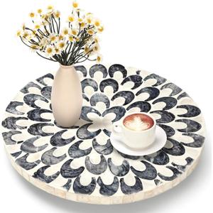 Mother of Pearl Lazy Susan for Table Turntable Organizer Wood Round Spinning Tray Rotating for Kitchen Cabinet Counter Spice Pantry 12 Inch(Floral Pattern)