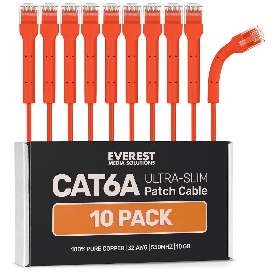 Everest Ultra Slim Cat6a Ethernet Patch Cables 3ft (10-Pack) Orange - 10GB Cat 6a Patch Cable - Bendable, Flexible & Thin Ethernet Cable - Space Saving 32AWG 550MHZ Cat6a Cables - 100% Copper Wires