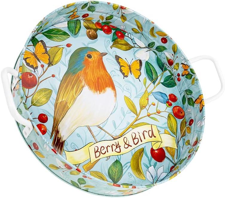 Berry&Bird Galvanized Metal Serving Tray with Handles, Round Metal Tray 14.97''D for Serving Indoor & Outdoor, Decorative Tray for Garden, Kitchen, Pantry, Wedding, Christmas, Easter (Green Robin)