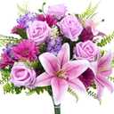 HUAESIN Artificial Flowers Purple Cemetery Flowers Memorial Day Fake Rose Hyacinth with Chrysanthemum Bouquet Summer Silk Floral Arrangement for Home Garden Wedding Table Entryway Indoor Outdoor Decor