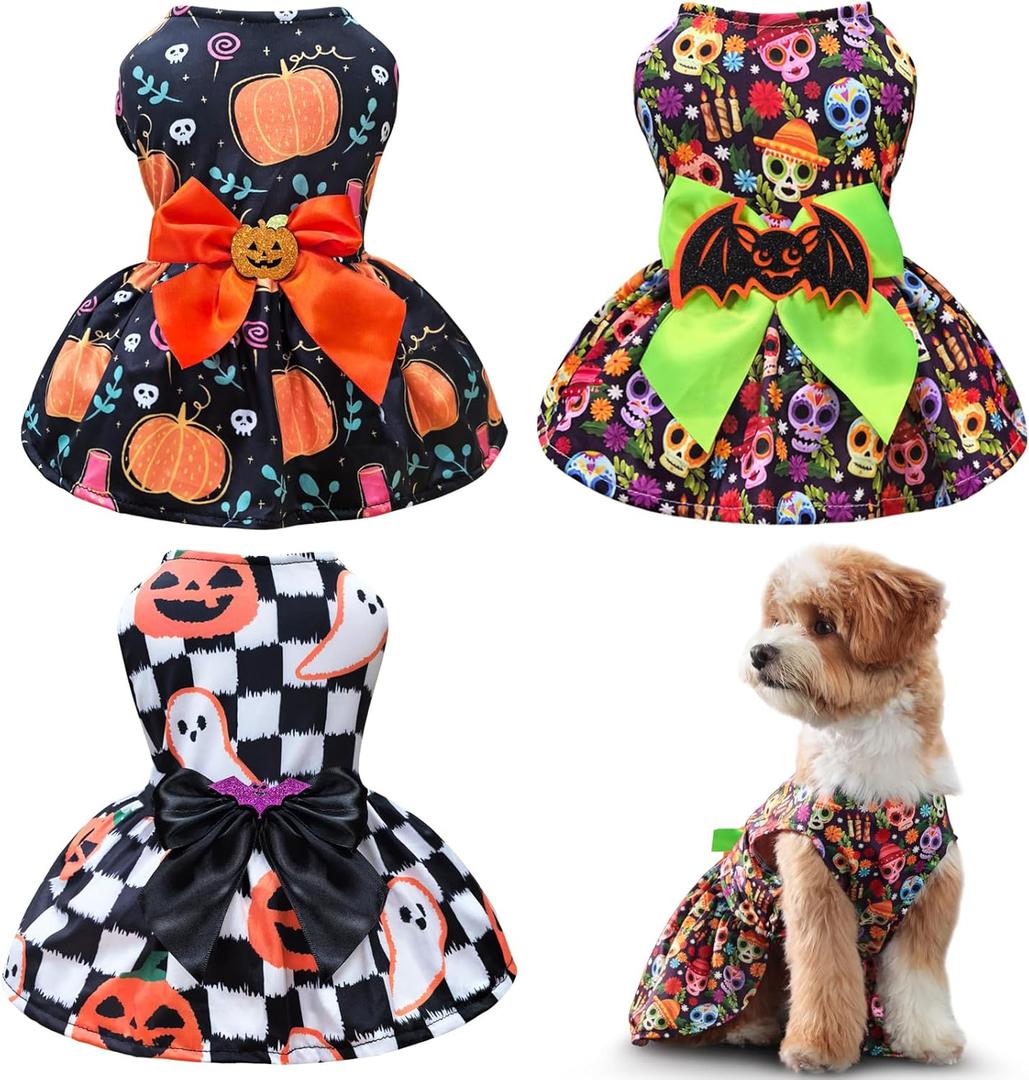 3 Pcs Dog Halloween Dress Sets Funny Pumpkin Ghost Skeleton Halloween Costumes for Dogs Funny Halloween Puppy Dress with Bow for Small Dogs (Medium)