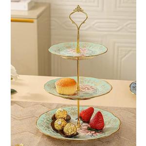 CHANJOON 3 Tier Ceramic Vintage Cake Stand with Beautiful Classic Rose Pattern, Food Rack for Displaying Cake Platter (Green)