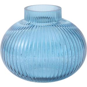 Blue Glass Vase for Tulips, Ribbed Glass Vase for Flowers, Round Flower Vases, Small Short Vases for Living Room, Office, Coffee Table, Shelf, Wedding, 6 Inches