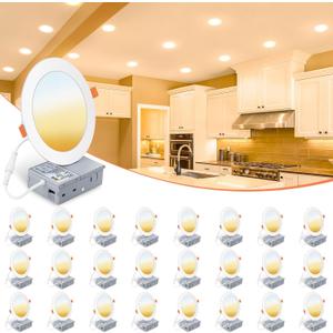 VOLISUN 24 Pack 6 inch Recessed Lighting, 5CCT Ultra-Thin LED Recessed Light with Junction Box, 2700K-5000K Selectable, 1080Lumen Dimmable Canless Wafer Downlight, LED Ceiling Light ETL Certificated (White)