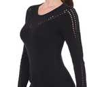 AmlieBoutik Women Crew Neck Eyelet Trim Long Sleeve Knit Top Sweater (Medium, Black)