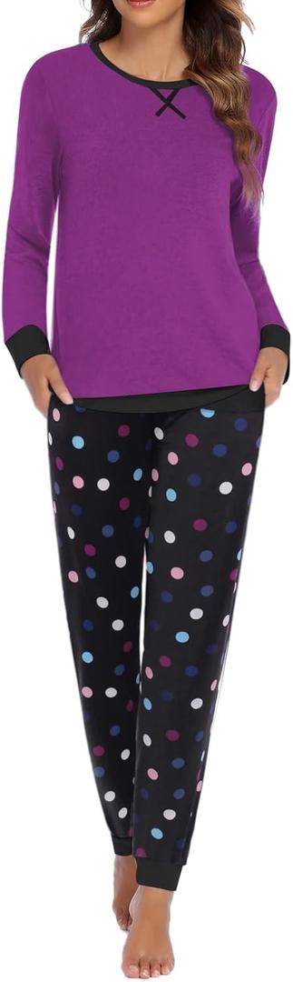 Ekouaer Pajamas For Women Comfy Long Sleeve Jogger Set Lounge Pjs Set With Pockets (X-Large, Purple Polka Dots)