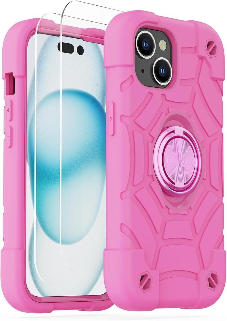 KCJ Compatible with iPhone 15 Plus Case/iPhone 14 Plus Case with[2Screen Protectors+1xLens Protector] Soft Silicone+Hard PC Full Body Protection Heavy Duty Phone Case 6.7 inch Pink