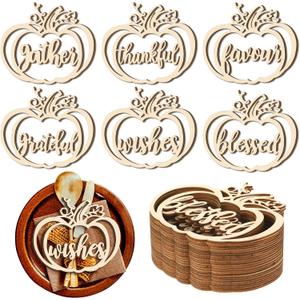 Qunclay 36 Pcs Thanksgiving Plate Decor Pumpkin Wood Cutouts Fall Thankful Blessed Thanksgiving Table Decor Fall Word Plate Sign Place Cards Settings for Autumn Rustic Letter Decorations