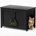 Hidden Cat Litter Box Enclosure Furniture, Dog Proof Kitty Washroom Cabinet with Odor Control, Low Entry Wooden Cat House Cabinet Indoor, Farmhouse Style End Table/TV Stand with Storage, Black