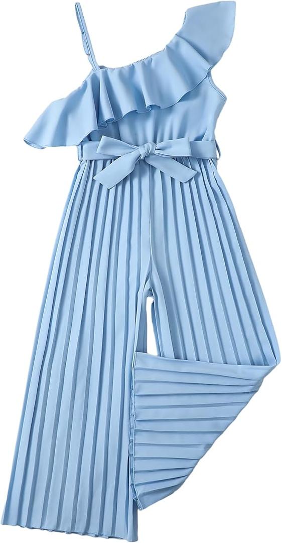 Girls Ruffle Jumpsuit with Halter Waist Belt Wide Leg Pleated Long Romper Teens Summer Playsuit, Size 8Y