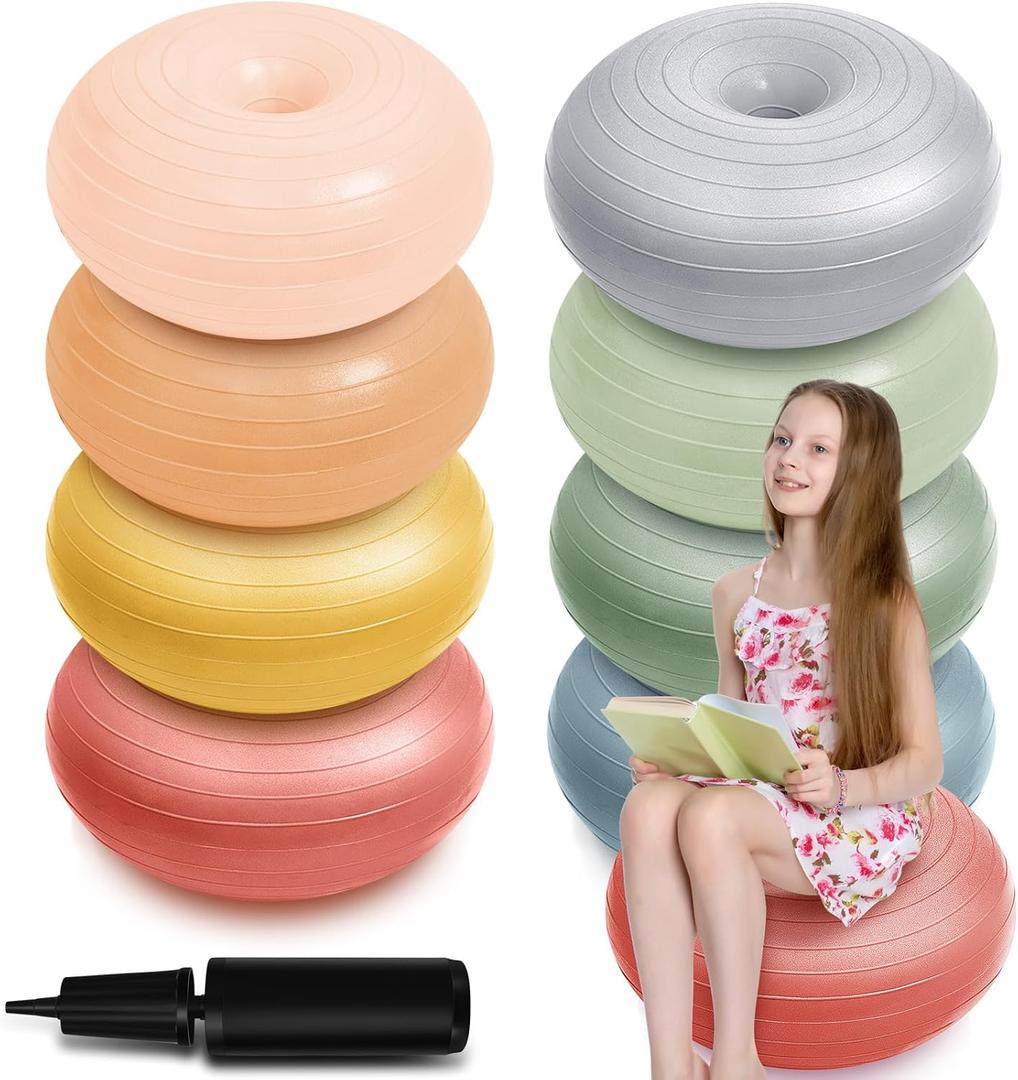Lewtemi 8 Pcs Flexible Seating for Classroom Elementary 20'' Yoga Ball Chair Large Inflatable Donut Exercise Ball Chair Wobble Seat with Inflator for Kids Student Sensory Balance (Boho Color)