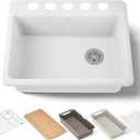 Riverby 27" Undermount Single Basin Cast Iron Kitchen Sink with Basin Rack and Cutting Board (White)
