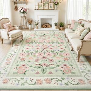 Maxsoft 8x10 Area Rugs for Living Room Bedroom, Floral Vintage Large Rug with Rubber Backing: Soft Non-Slip and Washable Low Pile Throw Carpet for Dining Room Kitchen Home Decor, Green