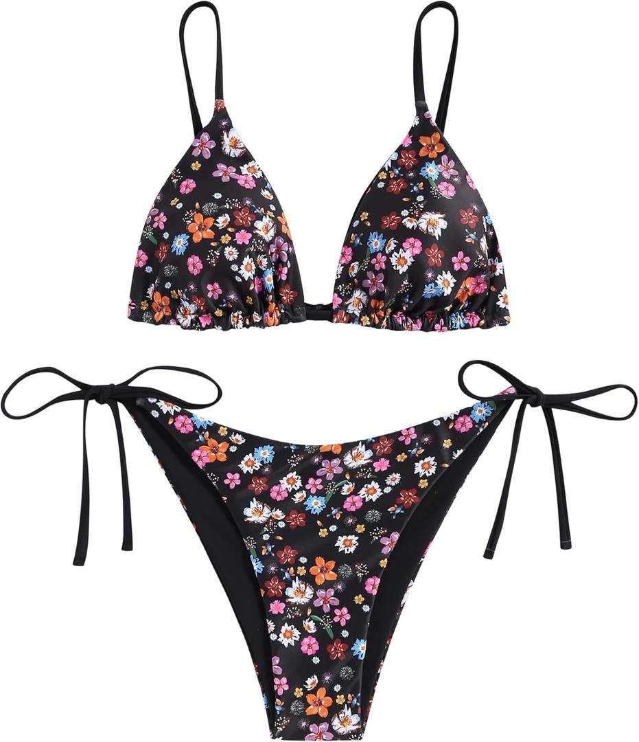 ZAFUL Women's Triangle Bikini Floral String Bikini Set Two Piece Swimsuit Bathing Suits (2-black Flower), S