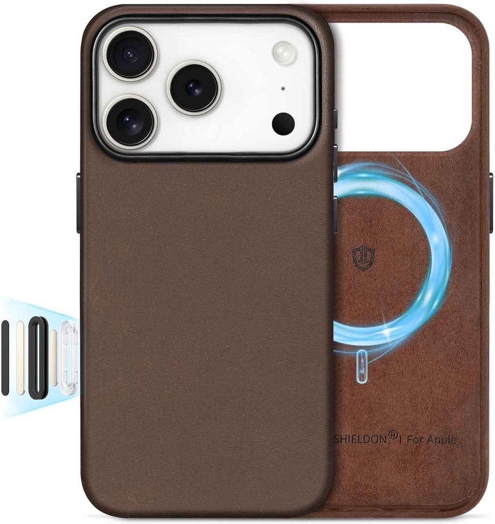 SHIELDON Top Grain Crazy Horse Leather Case for iPhone 17 Pro 6.3" 2025, Compatible with Magsafe, Updated Camera Button, Slim Magnetic Wireless Charging, Non-Slip Shockproof, Camera Bezel - Dark Brown