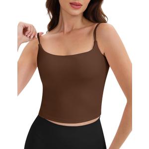 Spaghetti Strap Workout Tank Tops for Women Scoop Neck Women Sports Bras Yoga Camisole Strappy Tank Tops Built in Bra (Large, Brown)
