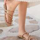 Coutgo Womens Strappy Flat Sandals Square Open Toe Flip Flops Slides Toe Ring Summer Dress Shoes (Beige, 6 1/2)
