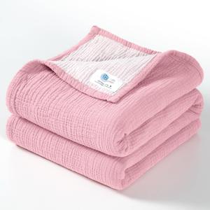 lulumoon Muslin Baby Blanket for Girls: 4-Layer Soft Cotton Toddler Blanket for Daycare - Reversible Lightweight Crib Bedding for Stroller & Travel 47"x47"(Pink)