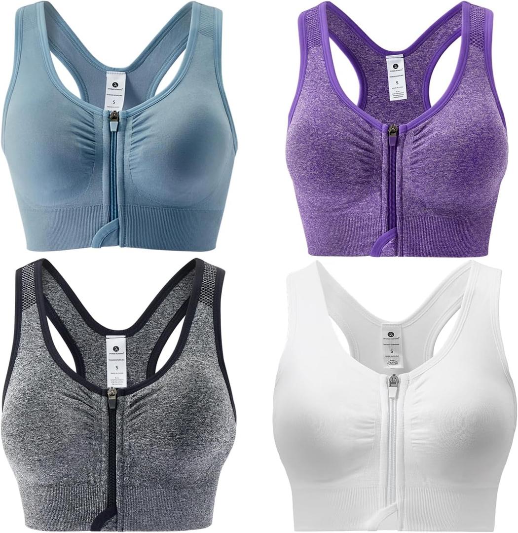Zip Front Sports Bra for Women - Medium Support Racerback Workout Bra with Removable Pads & Double Hooks Medium, Grey+purple+white+light Blue