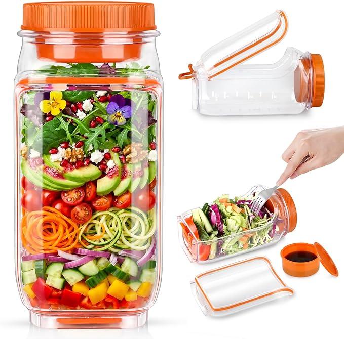 Saladkind Salad Pod Salad Jar with Side Opening Leakproof Salad Container Reusable Meal Prep Jar for Layered Salads Fruit Parfait for Work Gym Travel (Orange)