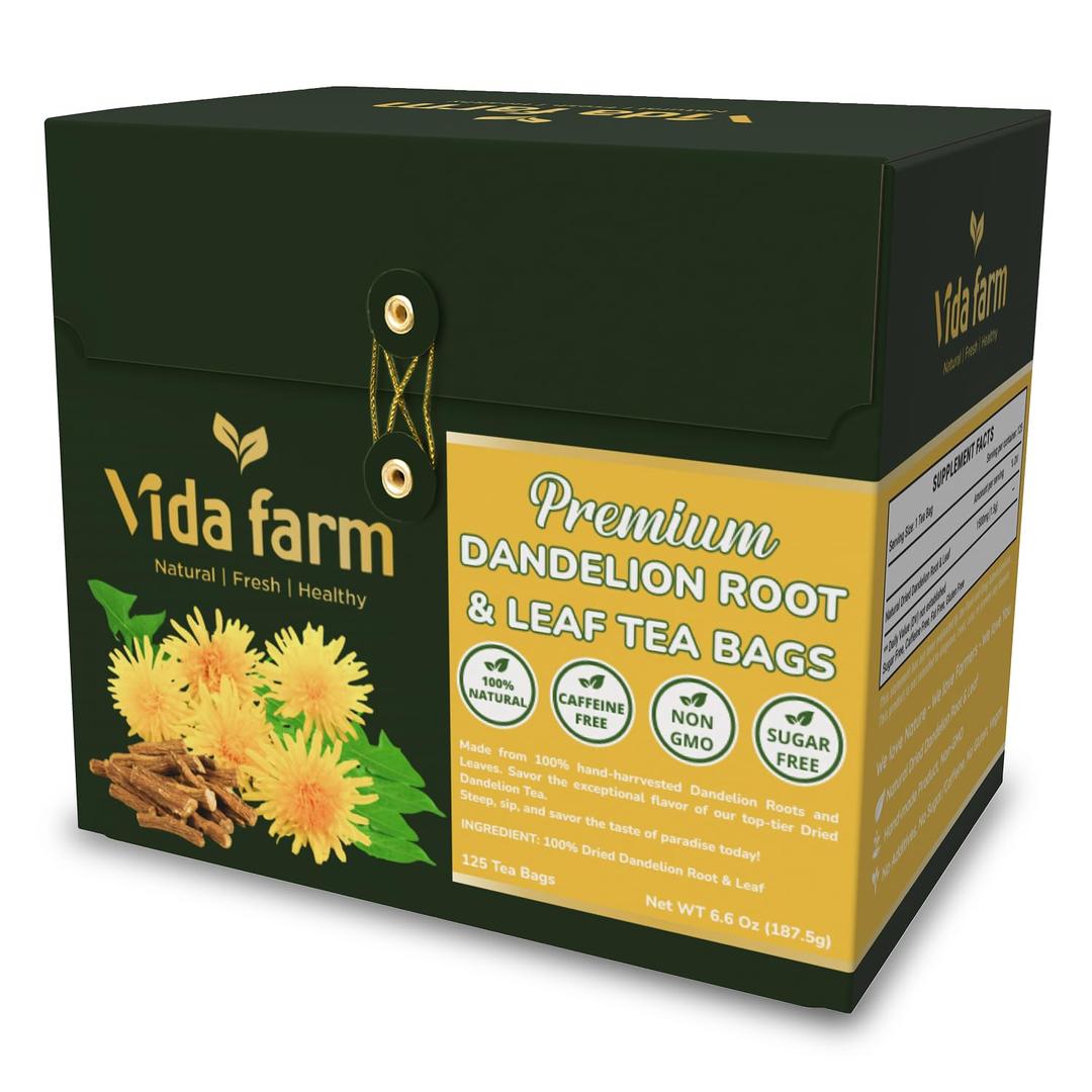 VIDA FARM 125 Dandelion Tea Bags - 100% Natural Dandelion Leaf & Root, Sugar Free, Caffeine Free, Non-GMO - Premium Dandelion Root Herbal Tea, Smooth Taste (EXP 03/14/27)