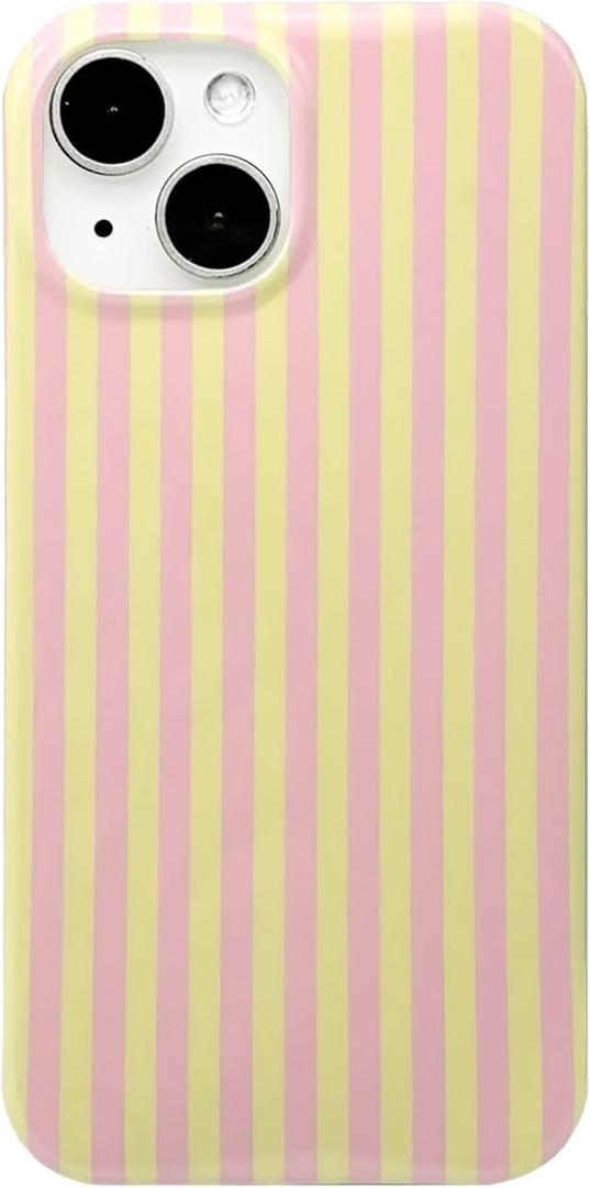 Pink and Yellow Striped Phone Case for iPhone 14/13,Cute Aesthetic Retro Vertical Line Stripes Pattern Protective Trendy Cover for Girls Women 6.1 inch