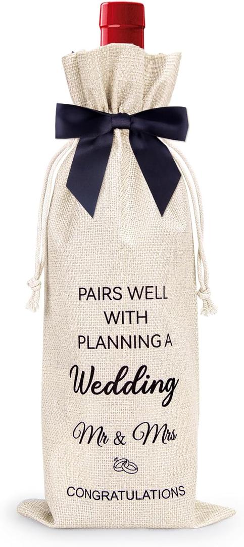 4 x Mr and Mrs Gifts, Wedding Gifts for Couples 2025 Bridal Shower Bride To Be Gift for Mr and Mrs Just Married Decorations- Pairs Well With Planning A Wedding - Reusable Wine Bag w/Black Bow