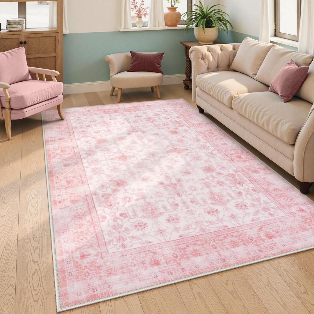 LIVEBOX Pink Area Rug 4x6, Vintage Living Room Rug Machine Washable Area Rugs, Pink Rugs for Bedroom Girls, Indoor Carpet for Dining Room Nursery Dorm Home Decor