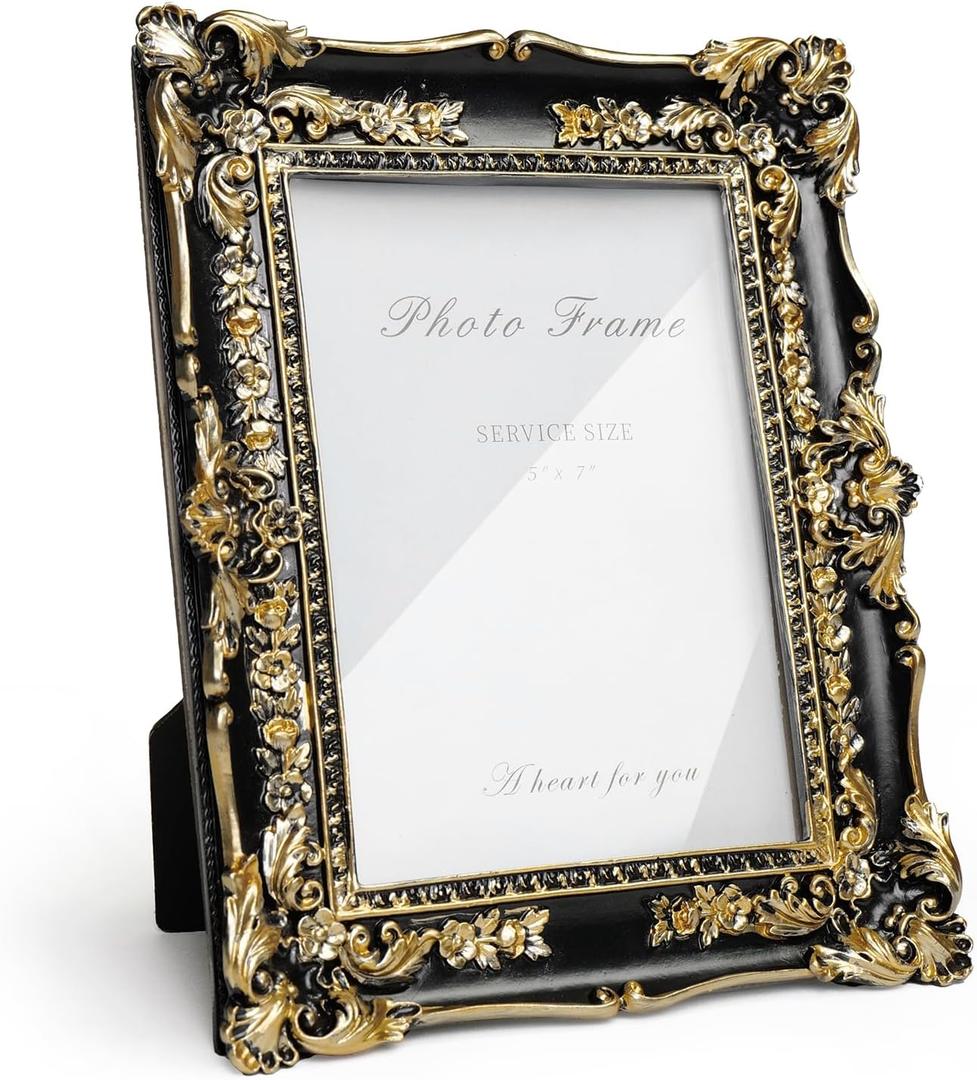 Cuspin 5x7 Picture Frame Black and Gold Frames, Vintage Baroque Handcrafted Resin Frames with Glass Front, Ornate Textured Design Decorative Picture Frame for Tabletop & Wall Display
