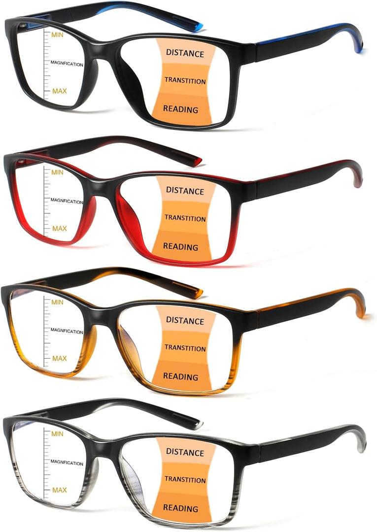 4 Pack Progressive Multifocus Reading Glasses Blue Light Blocking Readers for Men Women with Spring Hinge, +1.25