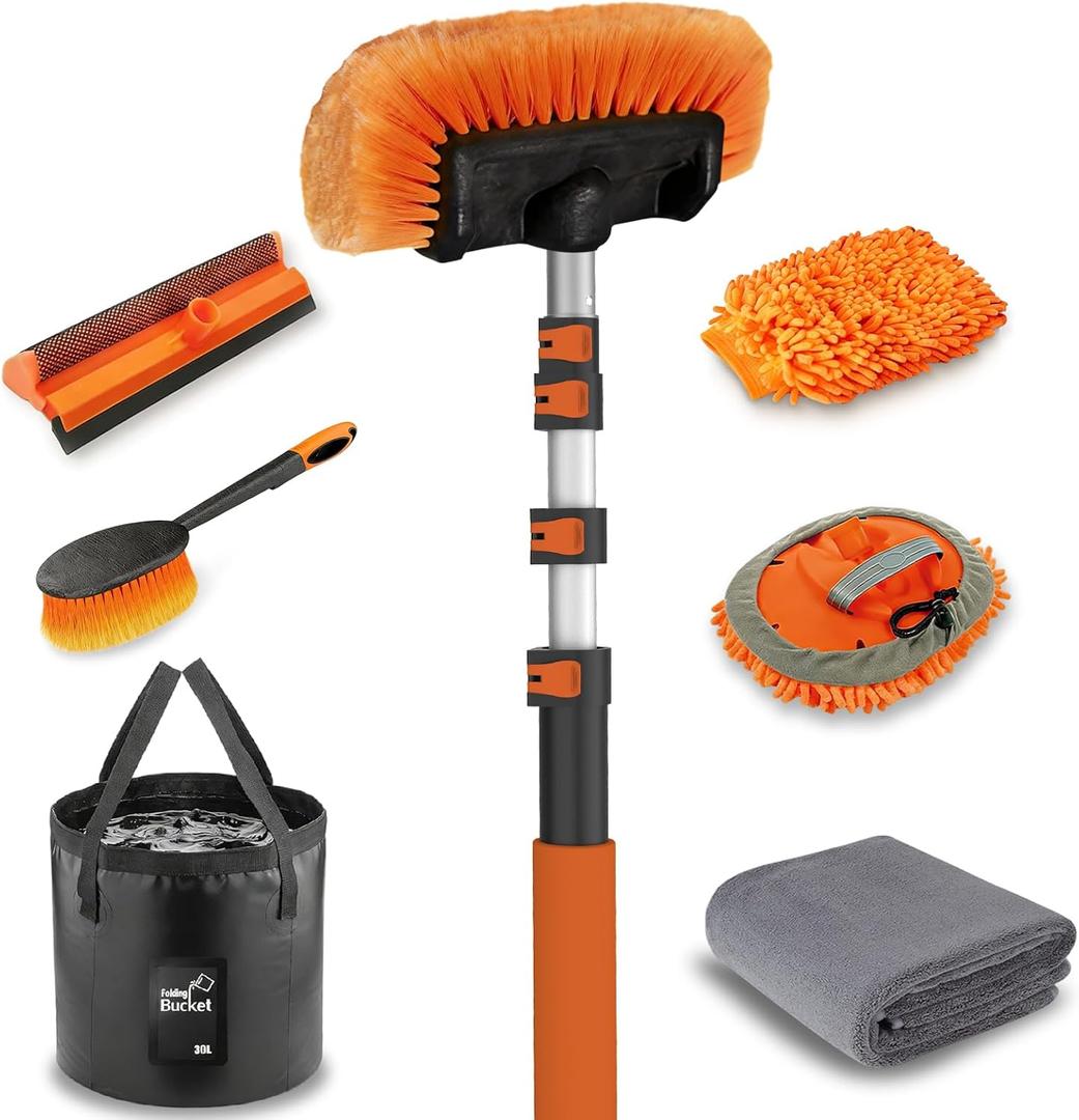 LAANPOLE 12FT Car Wash Brush with Long Handle, Car Cleaning Kit with Soft Bristle Wash Brush, Microfiber Cleaning Mop, Window Squeegee, Mitt, Wheel Brush, Bucket, Drying Towel for RV, Truck, Boat