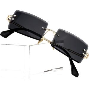 PORADAY Rectangle Sunglasses for Women Men Vintage Rimless Square Sun Glasses Candy Color (A1 Black)