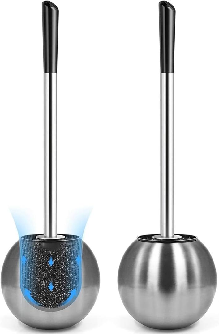 Toilet Brush and Holder 2 Pack, 304 Stainless Steel Toilet Brush with Extended and Durable Comfortable Brush Handle, Toilet Bowl Brush for Bathroom Toilet - Ergonomic, Pratical Durable (Silver)