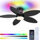 Tropical Palm Leaf RGB Ceiling Fans with Lights 46, Black Flush Mount Ceiling Fan with Light and Remote, 3CCT Dimmable LED&&Side RGB Light, Reversible 6 Speeds, Quite Low Profile Ceiling Fan Party