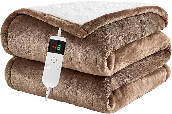 Electric Blanket Heated Throw, Soft Flannel 50"x60" Heating Blanket with 8 Hours Auto Off 10 Fast Heating Levels Machine Washable Sherpa Heated Blanket with Overheating Protection, Camel 