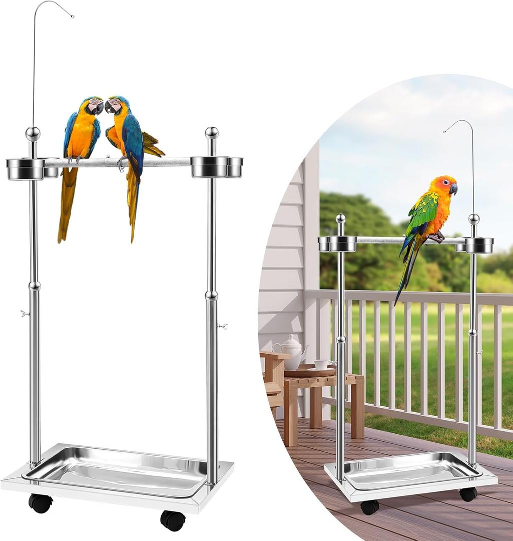Tandefio Parrot Stand Bird Play Stand 21.65 x 15.35 x 27.95 Inches Large Metal Stainless Steel Bird Playstand Adjustable Height Perch with Universal Wheels and Feeding Bowls