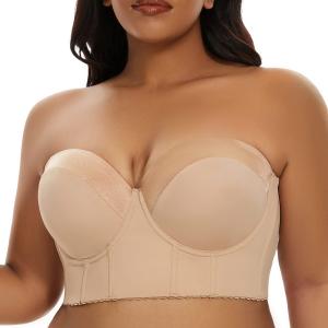 SEA BBOT Women Longline Strapless Bra Full Coverage Corset Bra Hide Back Fat (34C, Dark Beige)