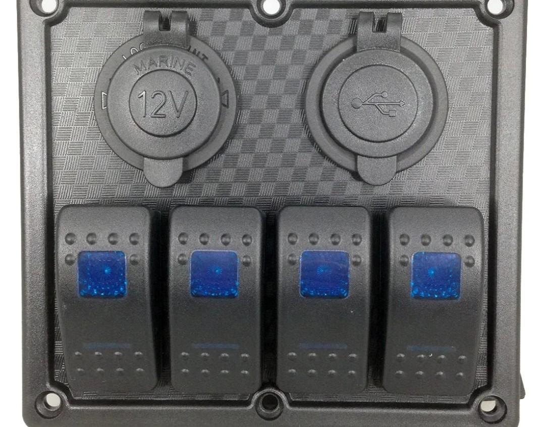 Pactrade Marine Car RV 4 Gang Blue LED Rocker Switch Plastic Panel USB Power 12V