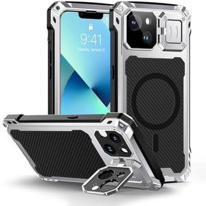 Lanhiem for iPhone 13 Metal Case with Camera Cover & Stand [Compatible with MagSafe] [Built-in Kickstand] [Military-Grade Protection] Heavy Duty Rugged Magnetic Phone Case, Silver