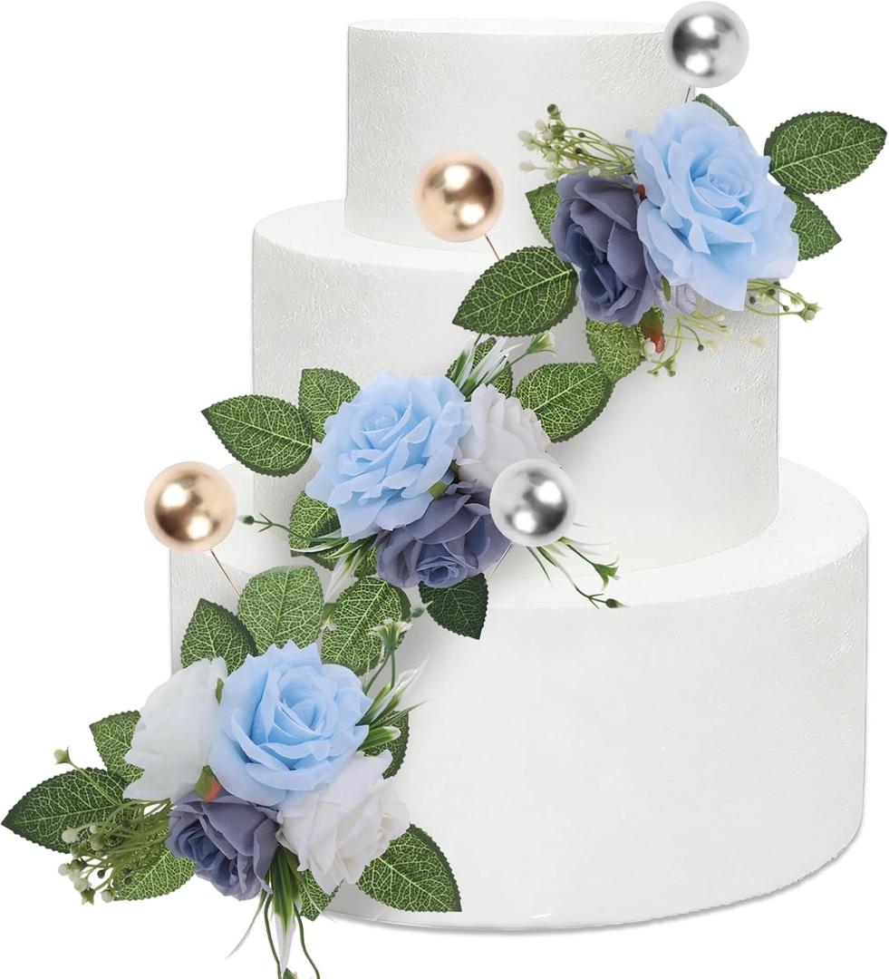 Flower Wedding Toppers for Cakes - 23 Pcs Rustic Blue Flowers Toppers with Pearls for Bridal Shower Engagement Cake Decor, Flowers for Anniversary Birthday Cake Decorating