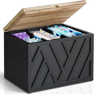 Tampon Holder for Bathroom Decor, Feminine Product Organizer With Lid, Shark Week Storage, Wood Pad Box for Toilet, Bathroom Accessories for Girl Stuff (1-Pcs-Black)