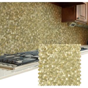 STICKGOO Peel and Stick Backsplash Tiles, Stick on Mosaic Self Adhesive Tiles, 3D Hexagon Backsplash for Kitchen Bathroom Fireplace Vanity (8PCS, Gold)