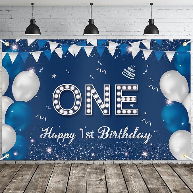 Happy 1st Birthday Backdrop Banner Blue Newborn Boys First Birthday Backdrop Photo Studio Photography Background for 1st Birthday Baby Shower Party Decorations Supplies 71.8 x 43.3 Inch