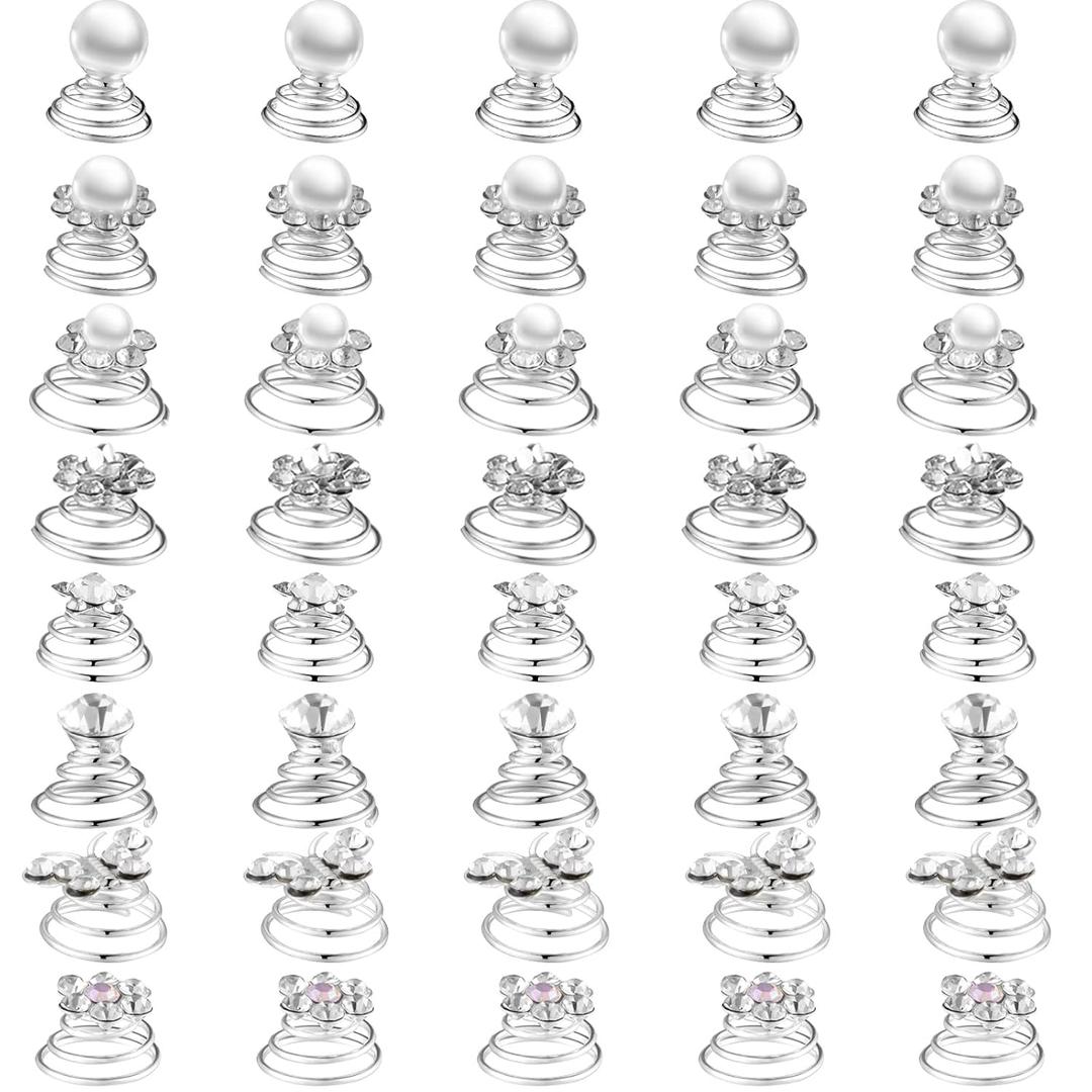 40 Pieces Rhinestone Crystal Twisters Set Spiral Hair Pins Silver Coils Rhinestone Spiral Hair Jewelry Crystal Clip Accessories for Wedding Bridal Prom, 8 Styles