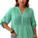 MSHING Women's Plus Solid Color Casual top 3/4 Sleeve V-Neck Hollowed Out Embroidered Button up Shirt (Green, XXXL)