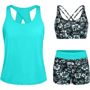 Tempt Me 3 Piece Tankini Swimsuits for Women Athletic Bathing Suits Swim Tank Top with Boy Shorts and Bra Modest Swimwear (X-Large, Aqua Blue Floral)