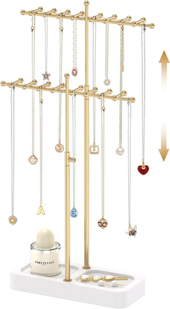 MODOWEY Necklace Holder Organizer Stand with Wood Tray, 36 Hooks Tall Display Tree for Women Men Vendors, Adjustable 2 Tier Metal Jewelry Rack, Large Capacity for Dresser Small Space, Gold+White