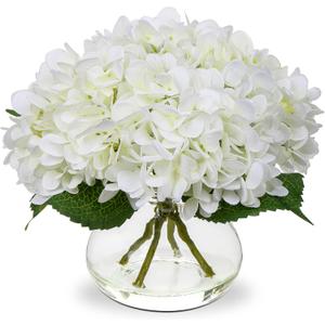 Hollyone Hydrangea Artificial Flowers with Vase White Silk Fake Flowers Arrangements in Glass Vase with Faux Water for Home Bathroom Office Table Centerpiece Shelf Decorations
